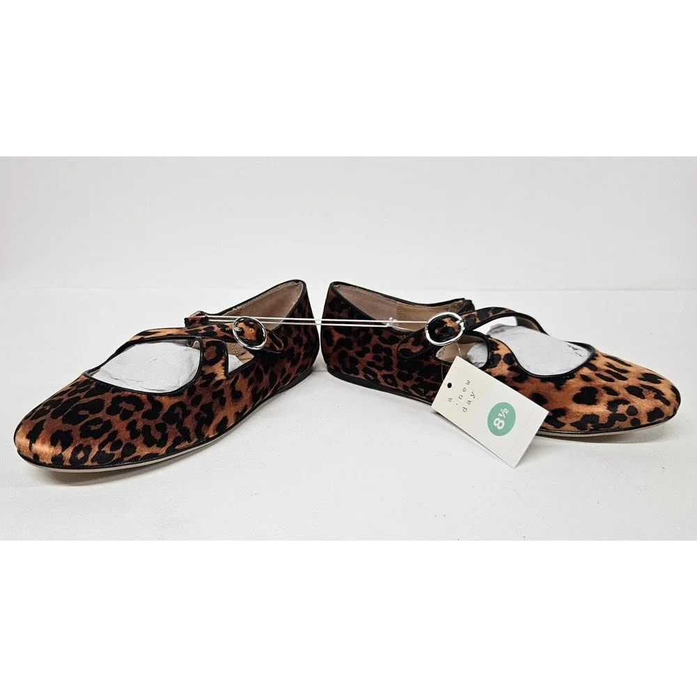 A New Day Womens Leopard Print Mary Jane Ballet Flats Crisscross Strap Brown 8.5
